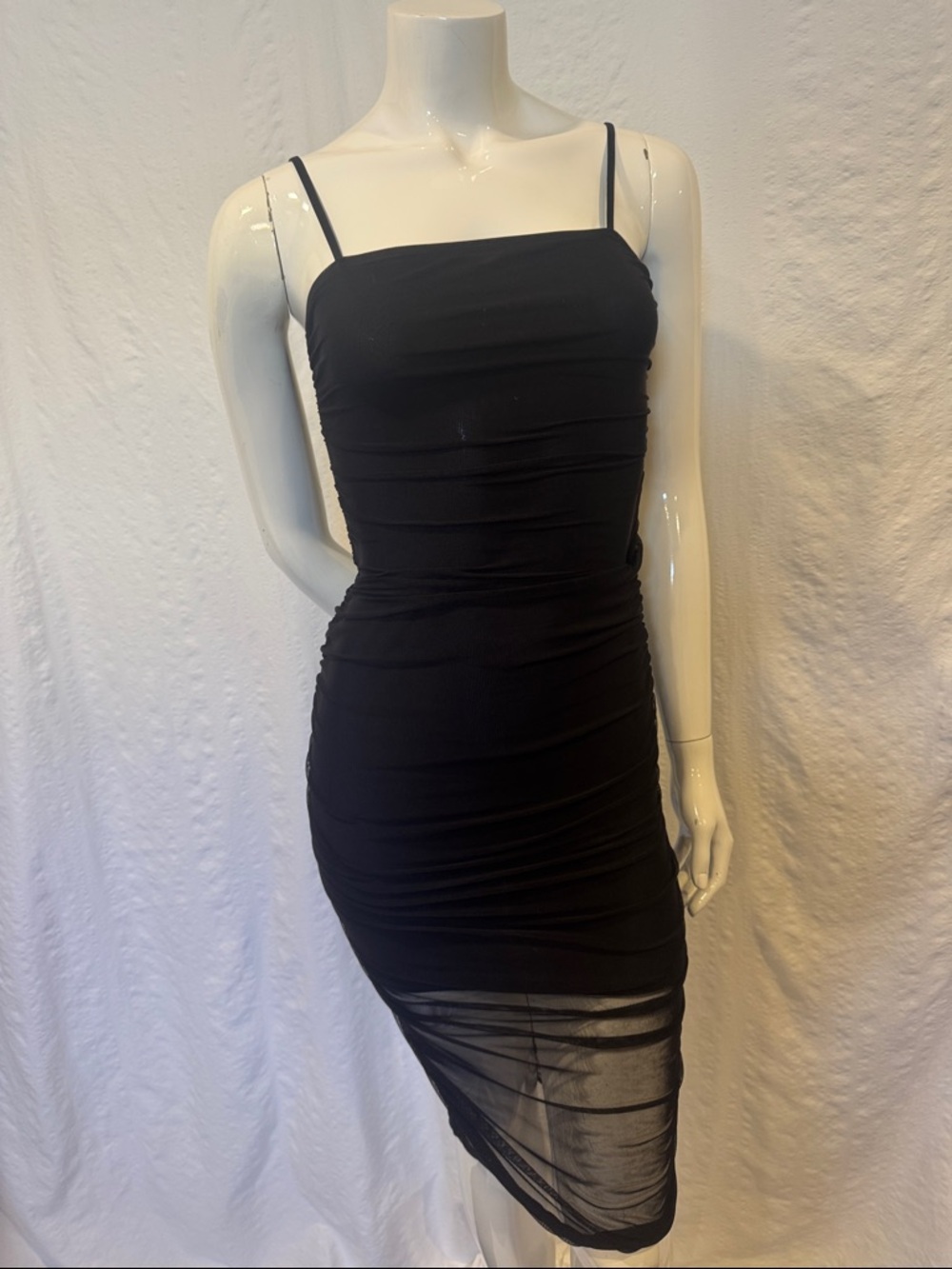 Wild Fable Black Ruched Bodycon Dress XS Mesh Spaghetti Strap Midi

Description: